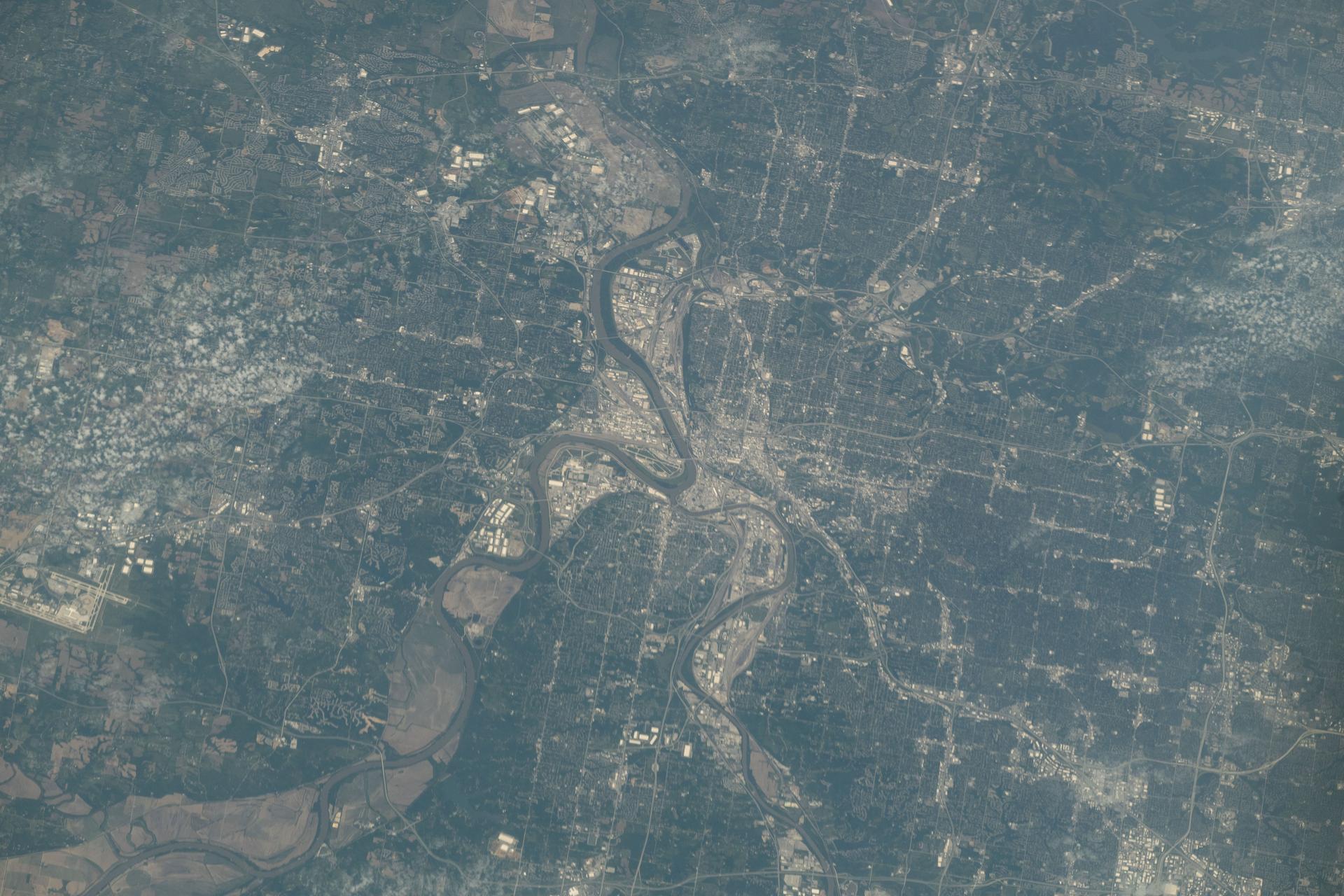 Kansas City, the largest city in Missouri with a population of about 516,000 and split by the Missouri River, is pictured from the International Space Station as it orbited 262 miles above the midwestern United States.