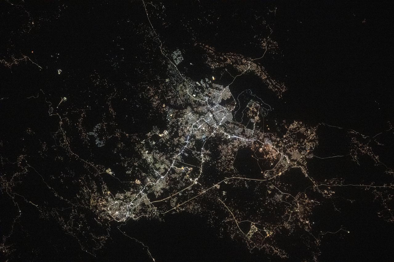 iss073e0175700 (May 23, 2025) --- The Saudi Arabian cities of Abha (lower left) and Khamis Mushait (center) and their surrounding suburbs with a combined population of about 2.44 million are pictured at approximately 11:32 p.m. local time from the International Space Station as it orbited 259 miles above.