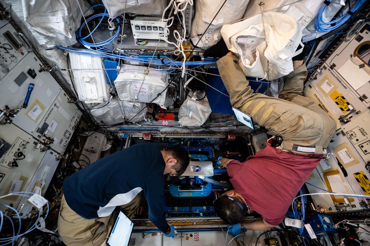 iss073e0177115 (6/9/2025) --- NASA astronaut Jonny Kim and JAXA (Japan Aerospace Exploration Agency) astronaut Takuya Onishi work on a vibration isolation system for the new European Enhanced Exploration Exercise Device (E4D) on the International Space Station. The E4D combines resistive and aerobic capabilities in a small footprint, important for future long-term exploration missions. Once the device is operating, researchers plan to acquire and evaluate data on its function and feedback from multiple crew members. The system adds new exercises to the current portfolio, such as targeting muscle groups essential for activities like leaving a spacecraft after landing.