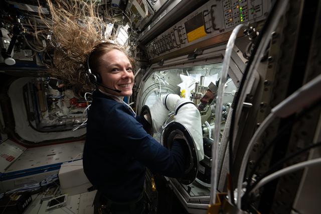 NASA image: NASA astronaut Nichole Ayers conducts research operations inside the Microgravity Science Glovebox