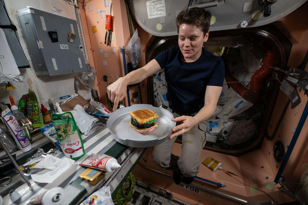 iss073e0248474 (June 13, 2025) --- NASA astronaut and Expedition 73 Flight Engineer Anne McClain shows off a hamburger-shaped cake to celebrate 200 cumulative days in space for JAXA (Japan Aerospace Exploration Agency) astronaut Takuya Onishi (out of frame) since his first spaceflight as an Expedition 48-49 Flight Engineer in 2016.