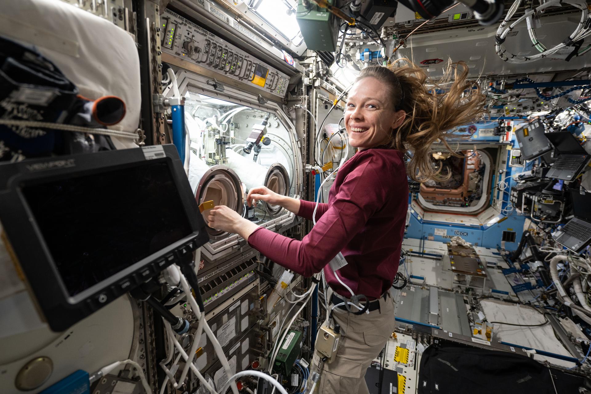 NASA astronaut and Expedition 73 Flight Engineer Nichole Ayers conducts research operations inside the Destiny laboratory module's Microgravity Science Glovebox aboard the International Space Station. Ayers swapped syringes containing protein samples and installed test cells inside the glovebox for the Ring-Sheared Drop Interfacial Bioprocessing of Pharmaceuticals investigation that explores using surface tension to contain liquids and study proteins without contacting solid walls. Results may benefit pharmaceutical manufacturing and 3D printing techniques on and off the Earth.