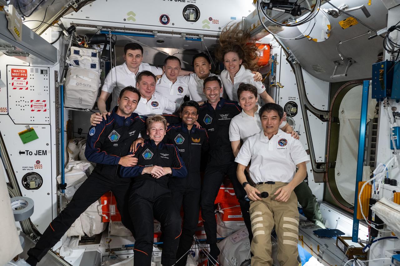 iss073e0249461 (June 26, 2025) --- The Axiom Mission 4 (Ax-4) and Expedition 73 crews join each other for a group portrait inside the International Space Station's Harmony module. In the front row (from left) are, Ax-4 crewmates Tibor Kapu, Peggy Whitson, Shubhanshu Shukla, and Sławosz Uznański-Wiśniewski with Expedition 73 crewmates Anne McClain and Takuya Onishi. In the rear are, Expedition 73 crewmates Alexey Zubritsky, Kirill Peskov, Sergey Ryzhikov, Jonny Kim, and Nichole Ayers.