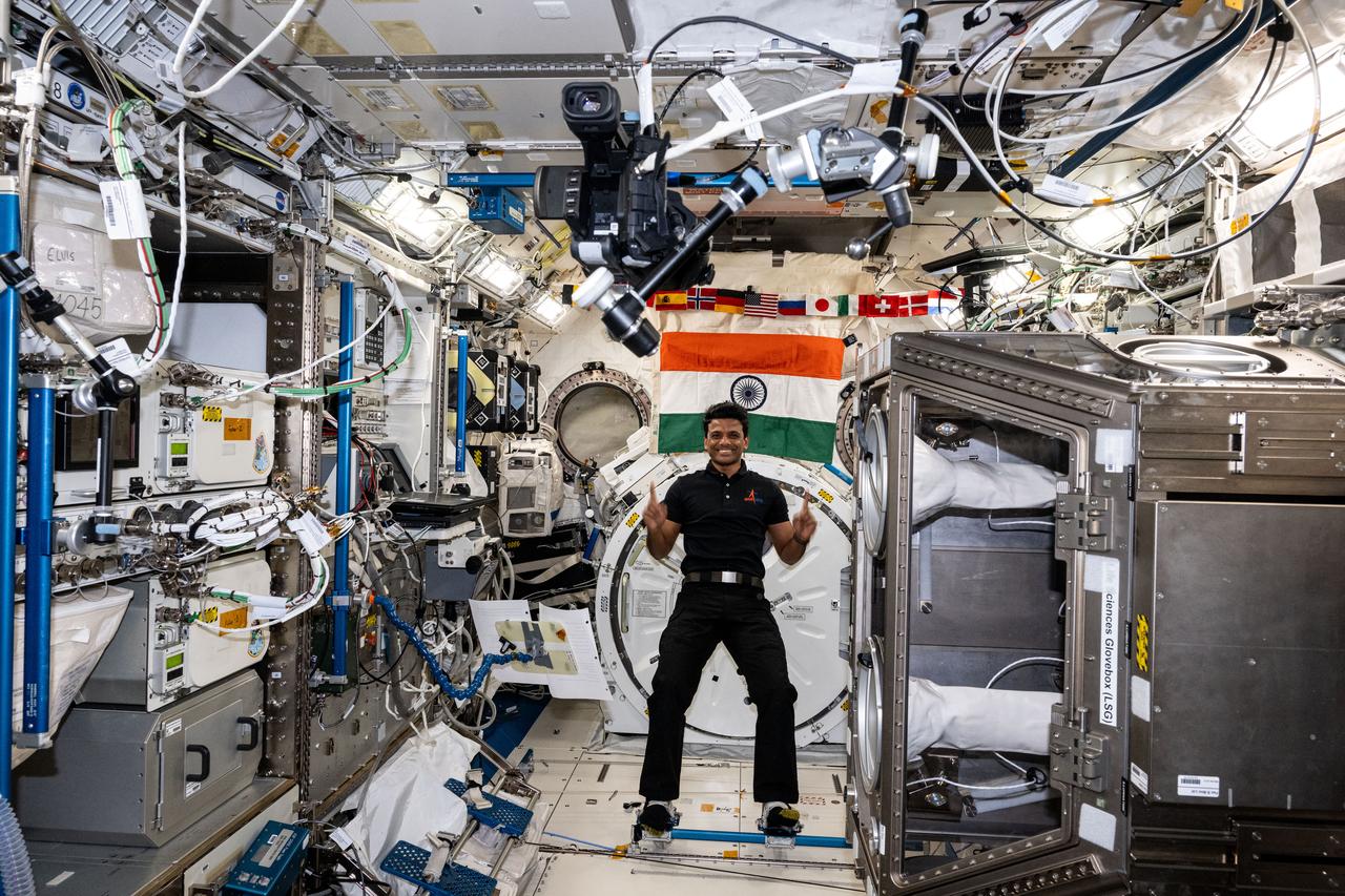 iss073e0252429 (June 28, 2025) --- ISRO (Indian Space Research Organisation) astronaut and Axiom Mission 4 Mission Specialist Shubhanshu Shukla poses for a portrait aboard the International Space Station's Kibo laboratory module during a space-to-ground conference with Prime Minister of India Narendra Modi.