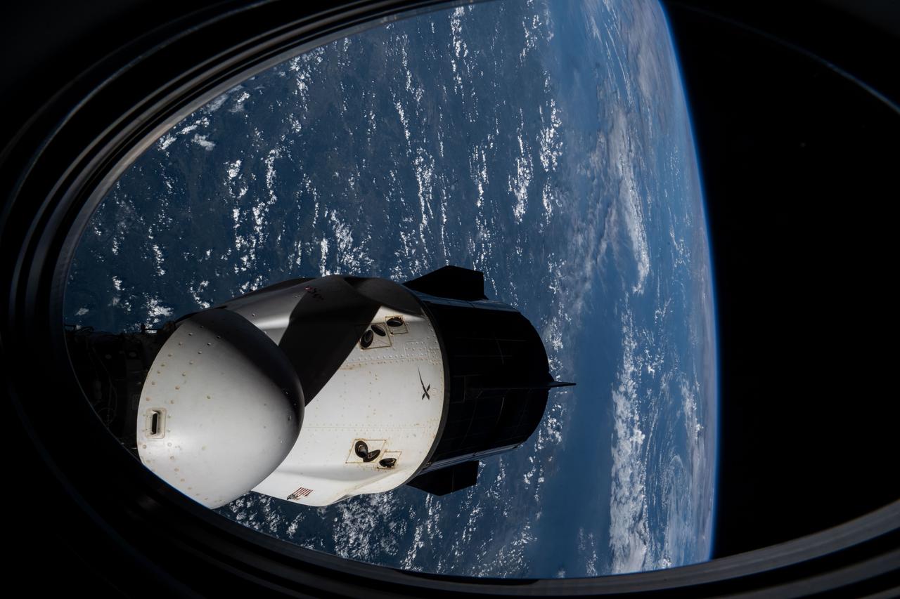 iss073e0427628 (Aug. 8, 2025) --- From one Dragon to another: A view of the SpaceX Dragon crew spacecraft docked to the forward port of the International Space Station's Harmony module, captured from a window aboard another Dragon spacecraft docked to Harmony’s space-facing port.
