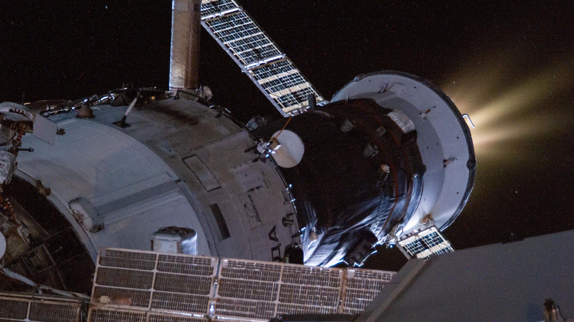 The Progress 91 resupply ship, docked to the rear port of the Zvezda service module, fires its thrusters to reboost the International Space Station’s orbit. This maneuver sets the correct altitude for the arrival of the next Roscosmos cargo craft, Progress 93, scheduled to launch and dock in September.