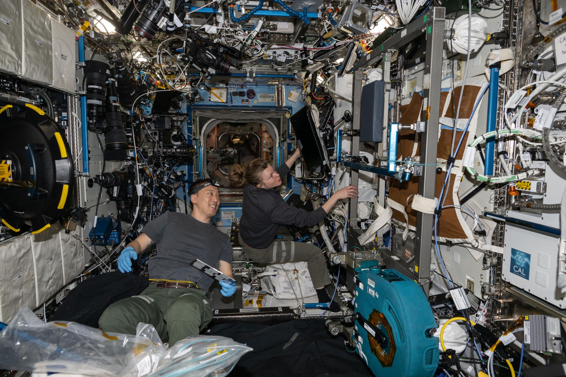 Expedition 73 Flight Engineers Jonny Kim and Zena Cardman, both NASA astronauts, work together inside the International Space Station's Destiny laboratory module on science maintenance activities.