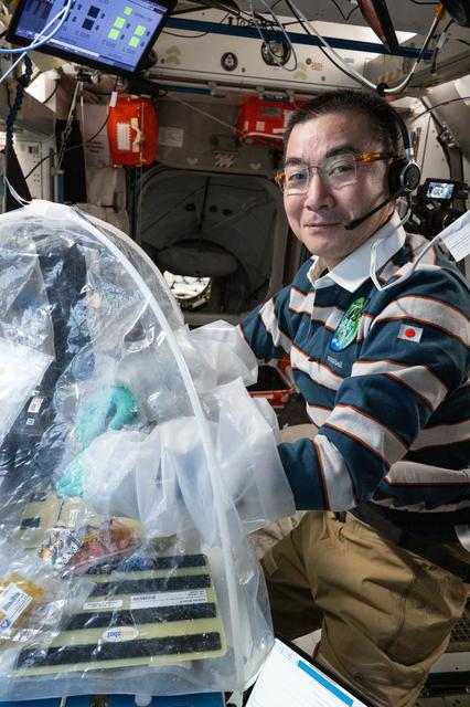 NASA image: JAXA astronaut Kimiya Yui treats bioprinted liver tissues inside a portable glovebag