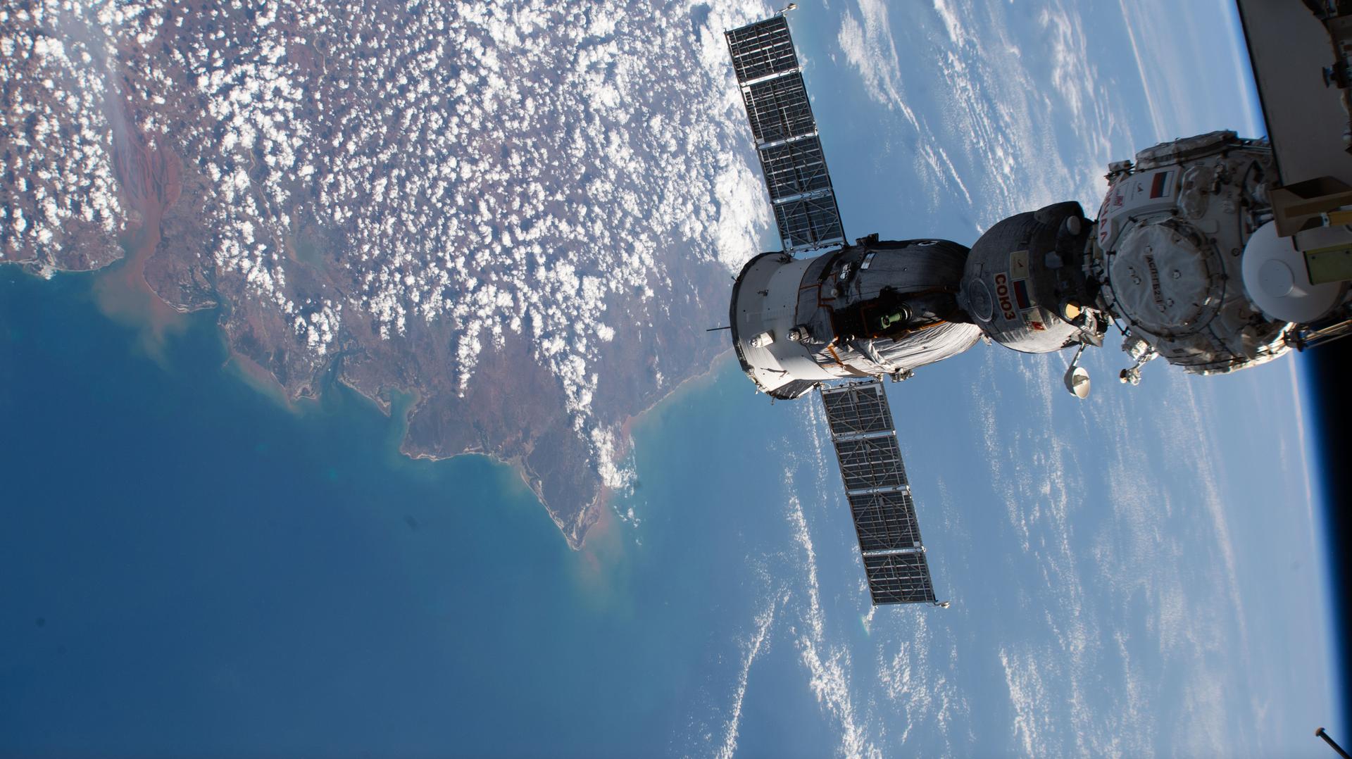 The Soyuz MS-27 spacecraft is pictured docked to the International Space Station's Prichal module as the orbital outpost soared 259 miles above the northern coast of Madagascar.