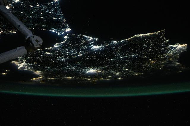 The nightime coastal lights of Morocco and Spain