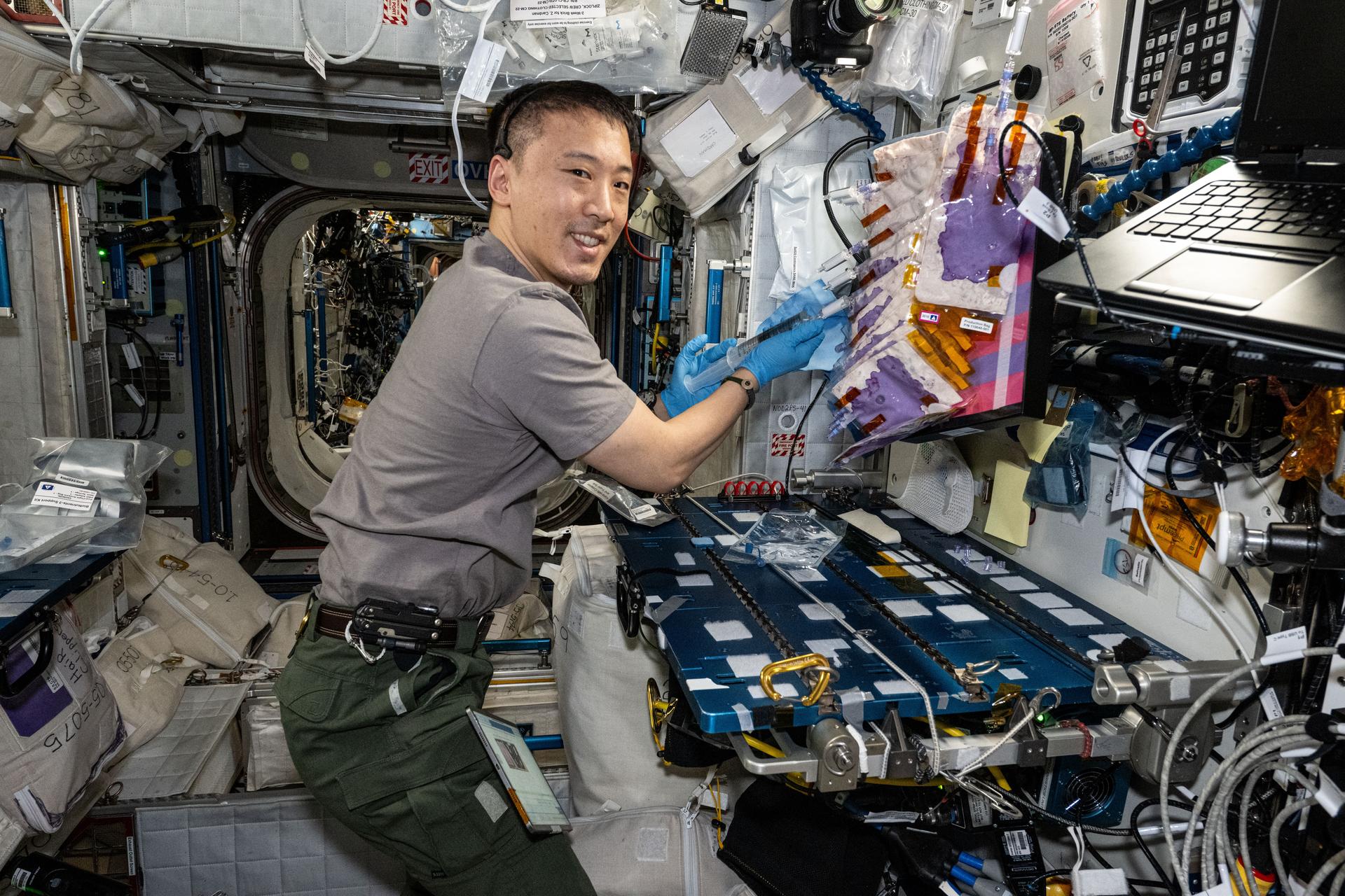 NASA astronaut and Expedition 73 Flight Engineer Jonny Kim works at the maintenance work area inside the International Space Station's Harmony module hydrating, agitating, and preparing production bags containing bioengineered yeasts and probiotic cultures for incubation. These activities are designed to demonstrate how astronauts could grow and safely consume fresh vitamins and nutrients on demand helping researchers plan future missions farther from Earth.
