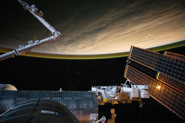 NASA image: The International Space Station orbits above a cloudy Atlantic Ocean