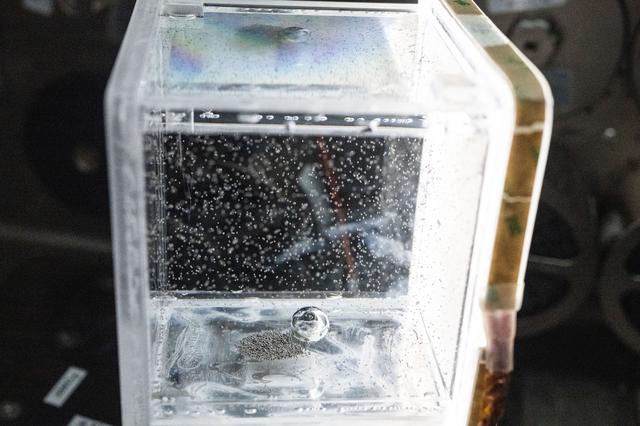 NASA image: Tiny ball bearings surround a larger central bearing during the Fluid Particles experiment