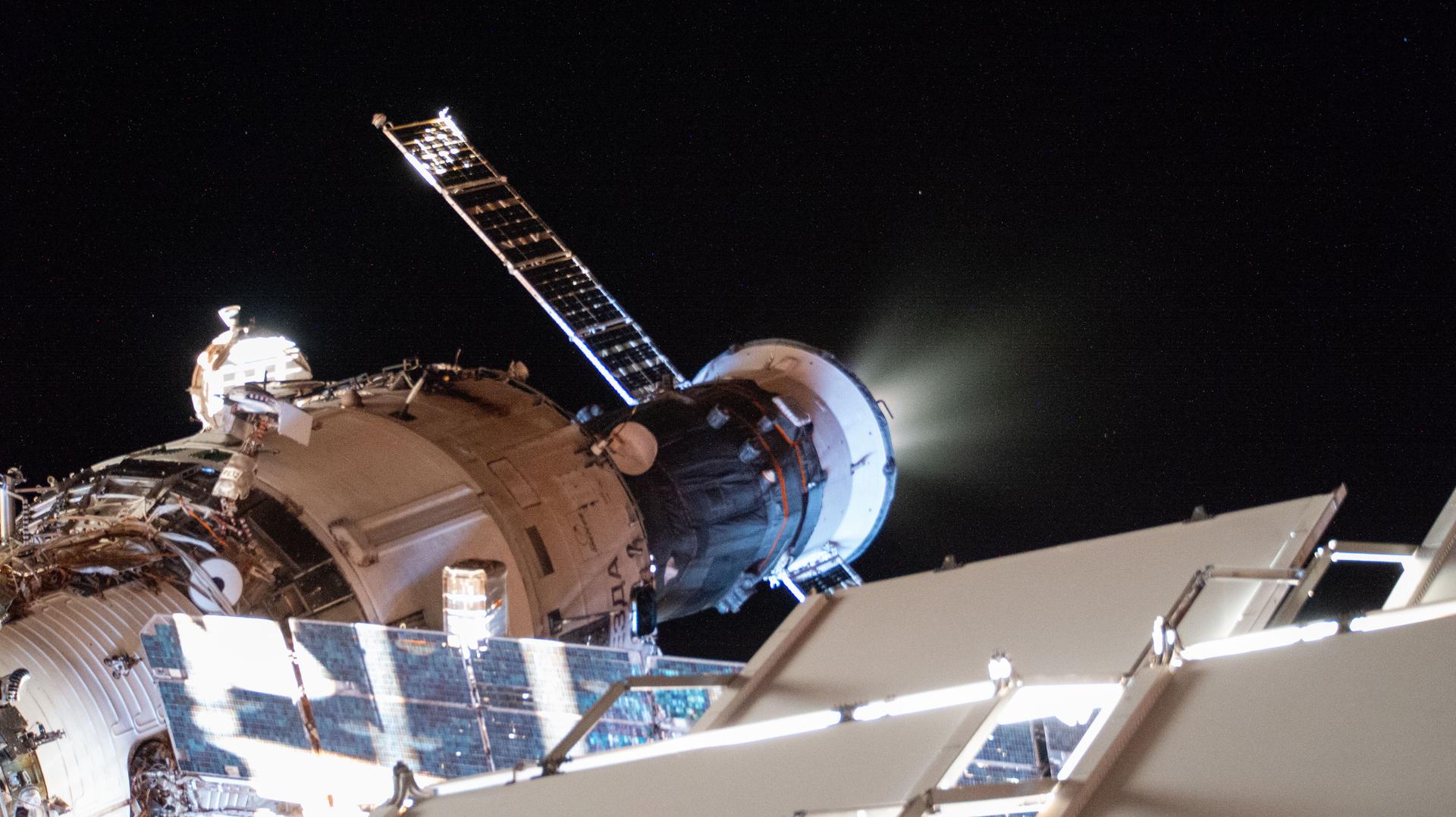 The Roscosmos Progress 93 cargo craft, docked to the rear port of the Zvezda service module, fires its engines to raise the International Space Station's orbit. This reboost maneuver positioned the orbital outpost at the correct altitude for the arrival of the Soyuz MS-28 crew spacecraft on Nov. 27 and the undocking of the Soyuz MS-27 crew spacecraft on Dec. 8.