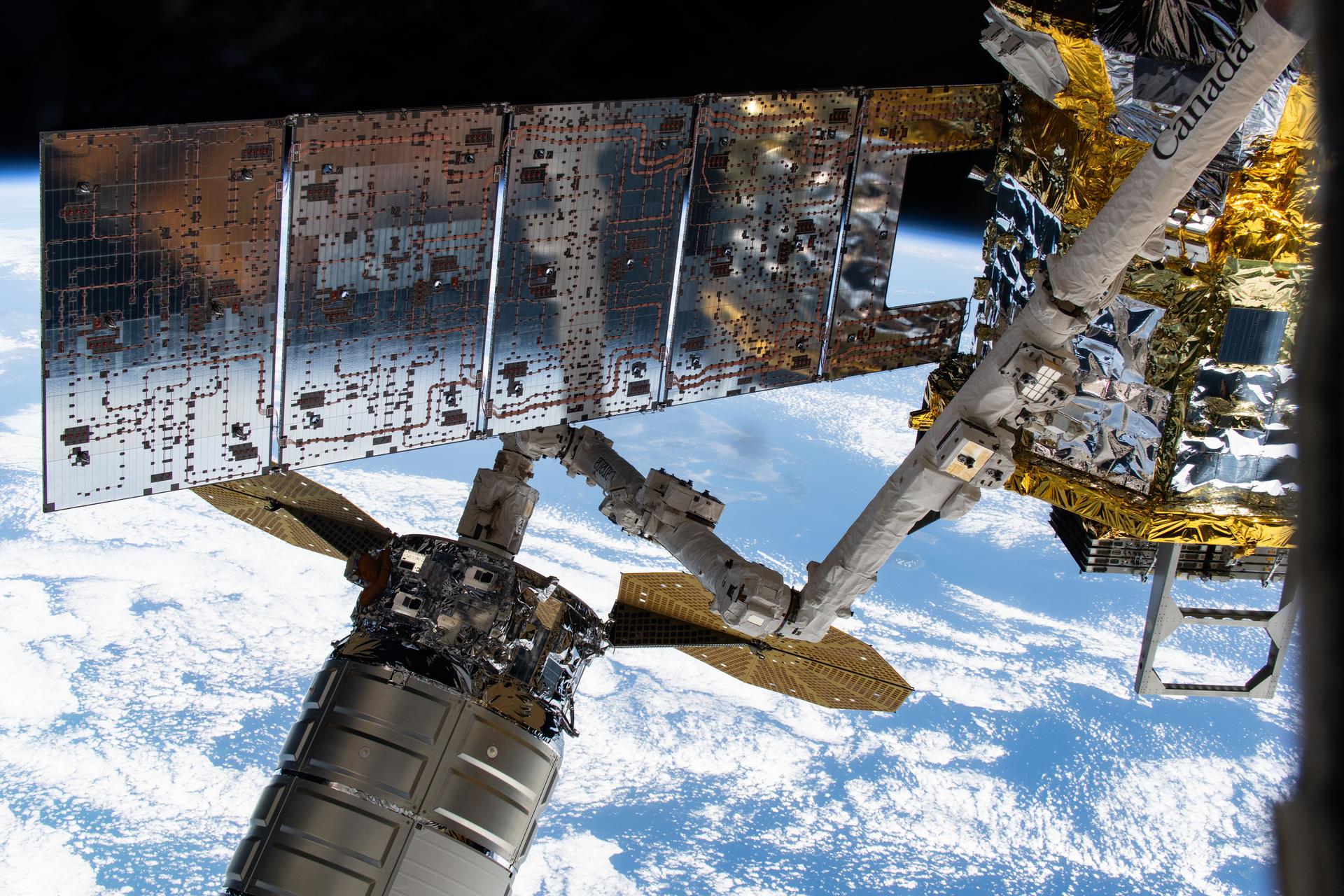 iss073e1197220 (Nov. 26, 2025) --- This close-up view from a window on the International Space Station's cupola shows Northrop Grumman's Cygnus XL cargo craft in the grips of the Canadarm2 robotic arm. Cygnus XL had been temporarily released from its Earth-facing port on the Unity module to make room for the Soyuz MS-28 crew spacecraft, which was scheduled to arrive the next day and dock to the Rassvet module. A solar array belonging to JAXA's (Japan Aerospace Exploration Agency) HTV-X1 cargo craft extends across the frame.