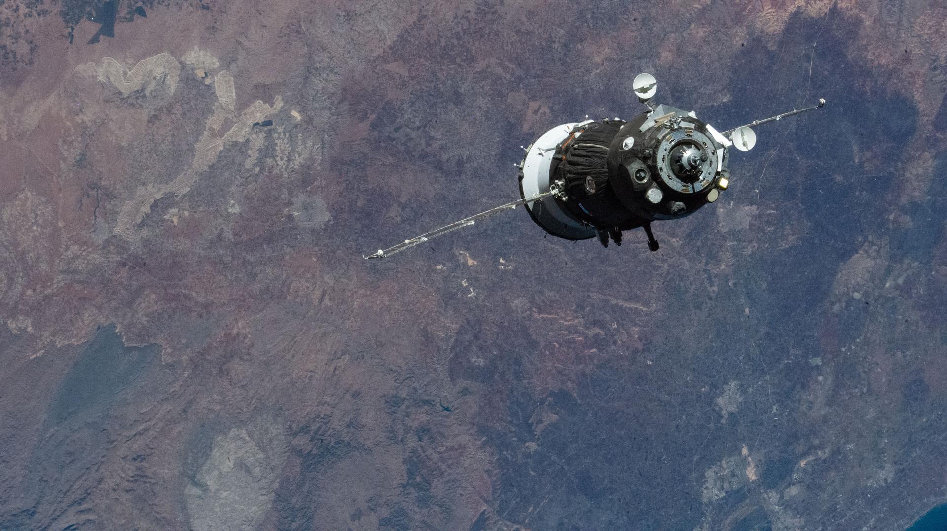 The Soyuz MS-28 crew spacecraft carrying NASA astronaut Chris Williams and Roscosmos cosmonauts Sergey Kud-Sverchkov and Sergei Mikaev approaches the International Space Station 263 miles above Morocco.