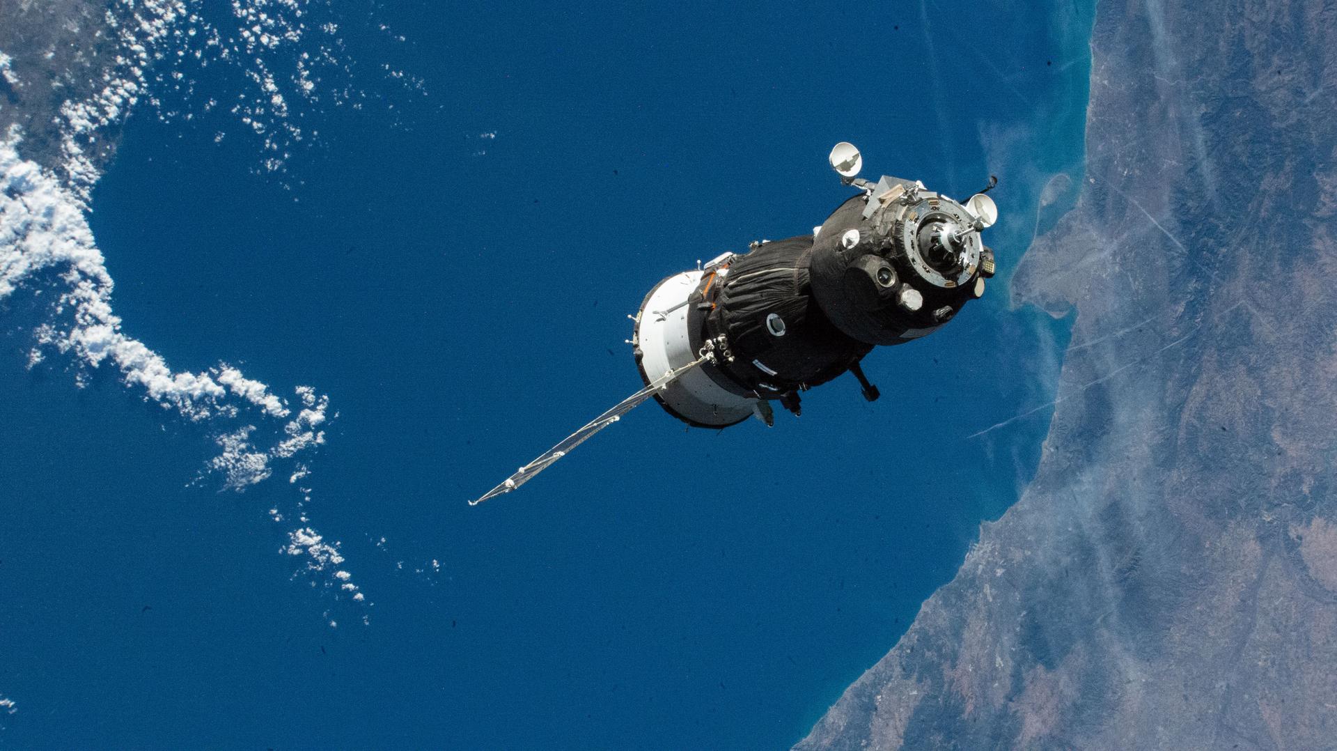 The Soyuz MS-28 crew spacecraft carrying NASA astronaut Chris Williams and Roscosmos cosmonauts Sergey Kud-Sverchkov and Sergei Mikaev approaches the International Space Station 263 miles above the Mediterranean Sea near the coast of Barcelona, Spain.