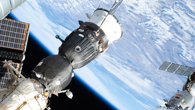 NASA image: The Soyuz MS-28 crew spacecraft docked to the International Space Station