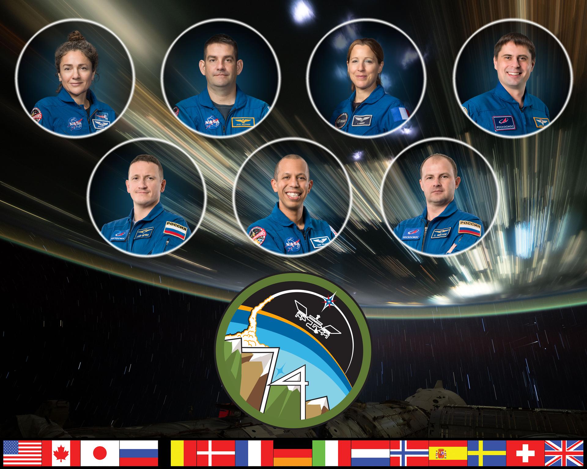 iss074-s-002b (Oct. 16, 2024) --- The official portrait of the Expedition 74 crew on the International Space Station. Top row from left, Flight Engineers Jessica Meir and Jack Hathaway, both NASA astronauts, and Flight Engineers Sophie Adenot of ESA (European Space Agency) and Andrey Fedyaev of Roscosmos. Bottom row, station Commander Sergey Kud-Sverchkov of Roscosmos and Flight Engineers Chris Williams of NASA and Sergei Mikaev of Roscosmos. Credit: NASA/Josh Valcarcel