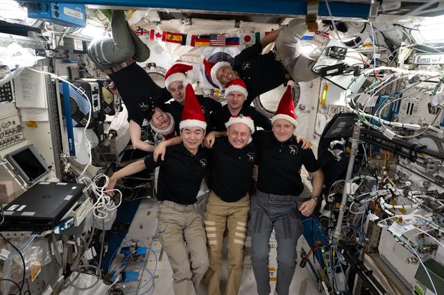 NASA image: The seven-member Expedition 74 crew poses for a festive portrait