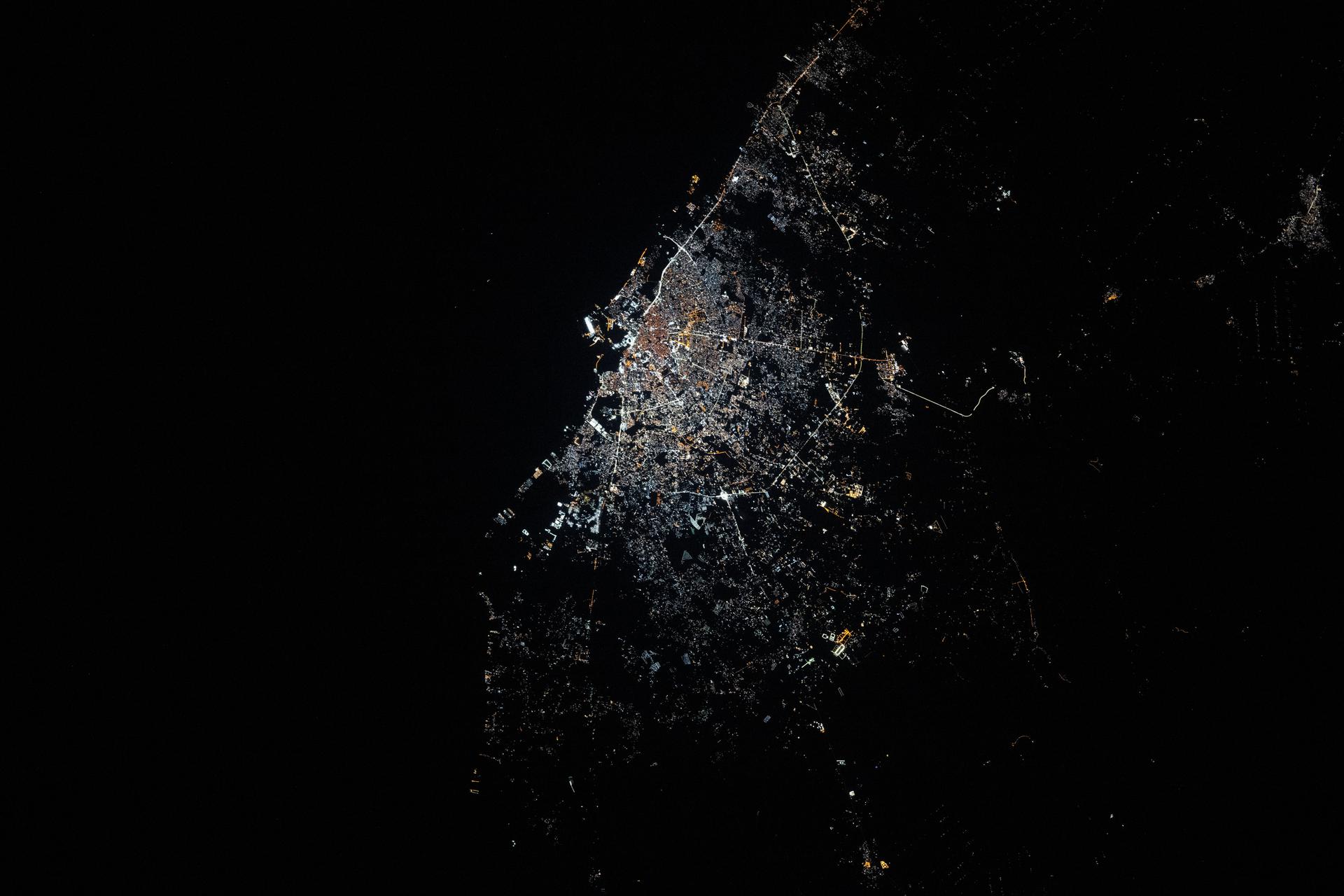 Benghazi, Libya’s second-largest city, with a metropolitan population of over 890,000, shines with bright, modern city lights that trace its urban landscape on the country’s Mediterranean coastline. The International Space Station was orbiting 262 miles above at approximately 12:37 a.m. local time when this photograph was taken
