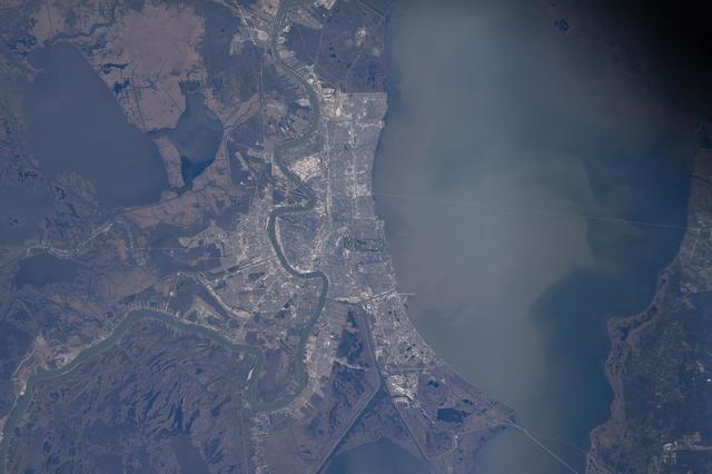 NASA image: The Mississippi River winds through New Orleans, Louisiana, and its suburbs