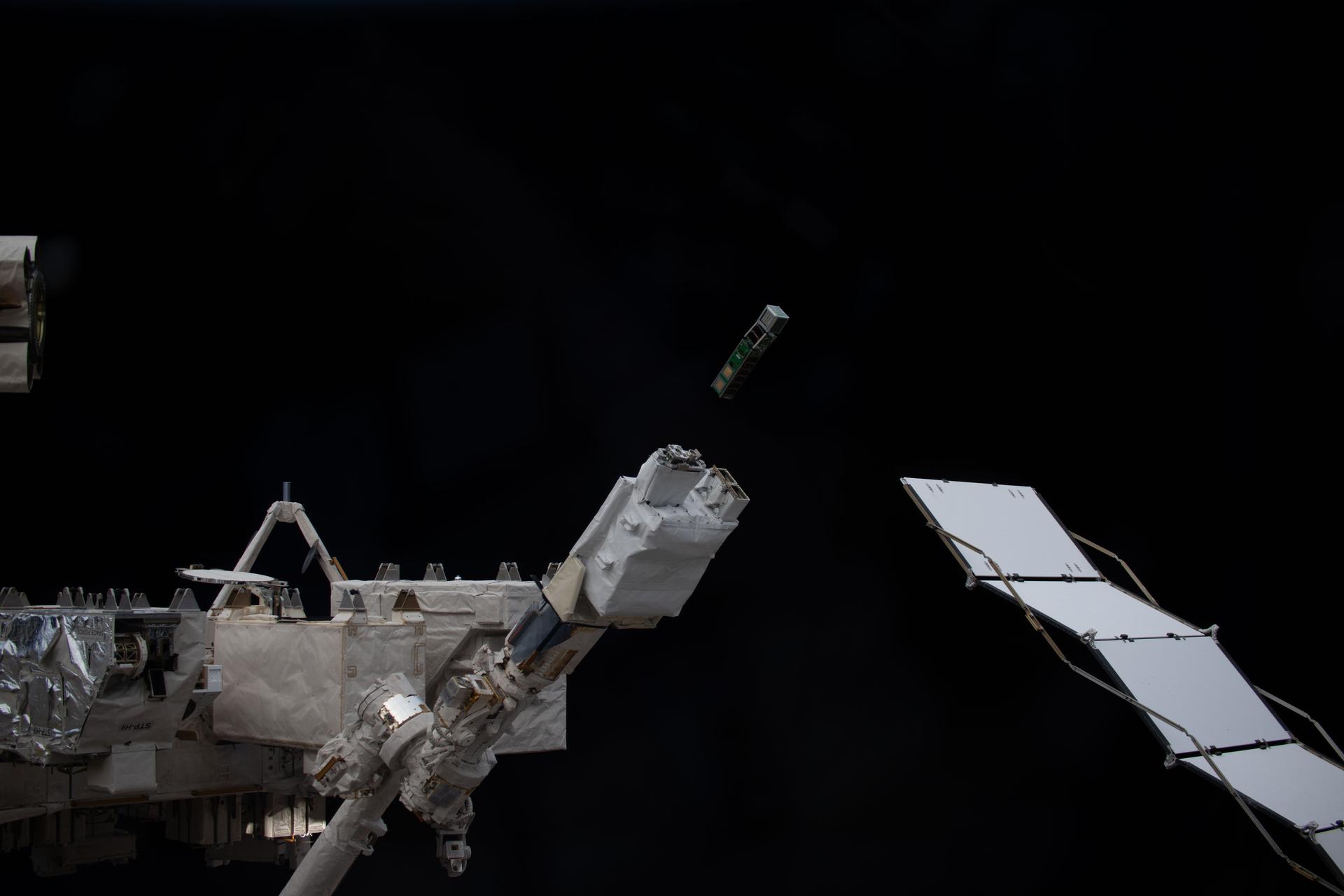 A trio of CubeSats designed by college students from around the world is deployed into Earth orbit from a small satellite orbital deployer on the outside of the International Space Station's Kibo laboratory module. Students from Mexico, Italy, Thailand, Malaysia, and Japan designed the shoe-boxed sized satellites for a series of Earth observations and technology demonstrations.