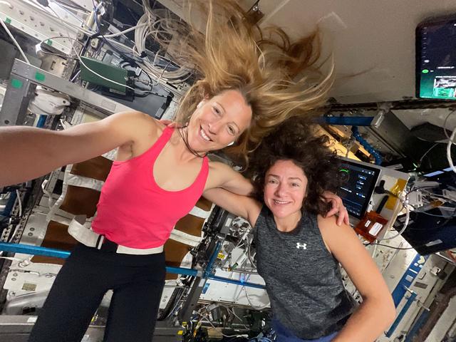 NASA image: Astronauts Sophie Adenot and Jessica Meir prepare for their exercise sessions