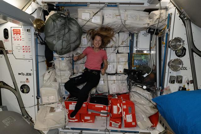 NASA image: ESA astronaut Sophie Adenot is pictured during cargo stowage activities
