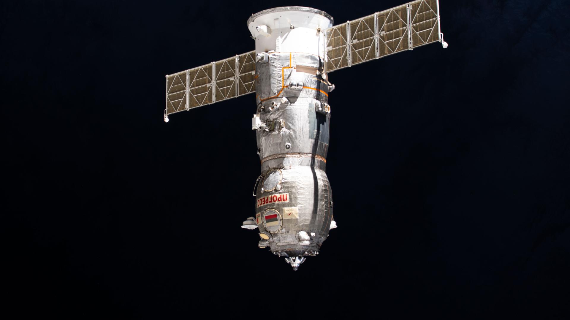 The Progress 94 cargo spacecraft from Roscosmos, packed with about three tons of food, fuel, and supplies for the Expedition 74 crew, approaches the International Space Station for a docking to the Poisk module.