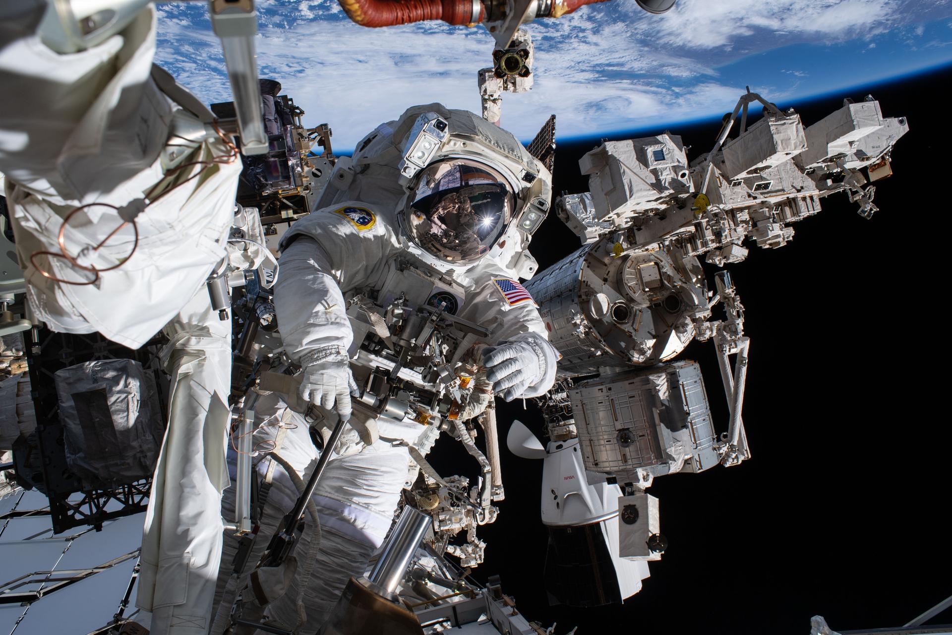 NASA astronaut Chris Williams is pictured outside the International Space Station during a spacewalk to complete the build and installation of a modification kit ahead of future solar array installation on the 2A power channel of the space station. It was William’s first spacewalk of his career, and the 278th in support of space station maintenance, upgrades, and assembly.