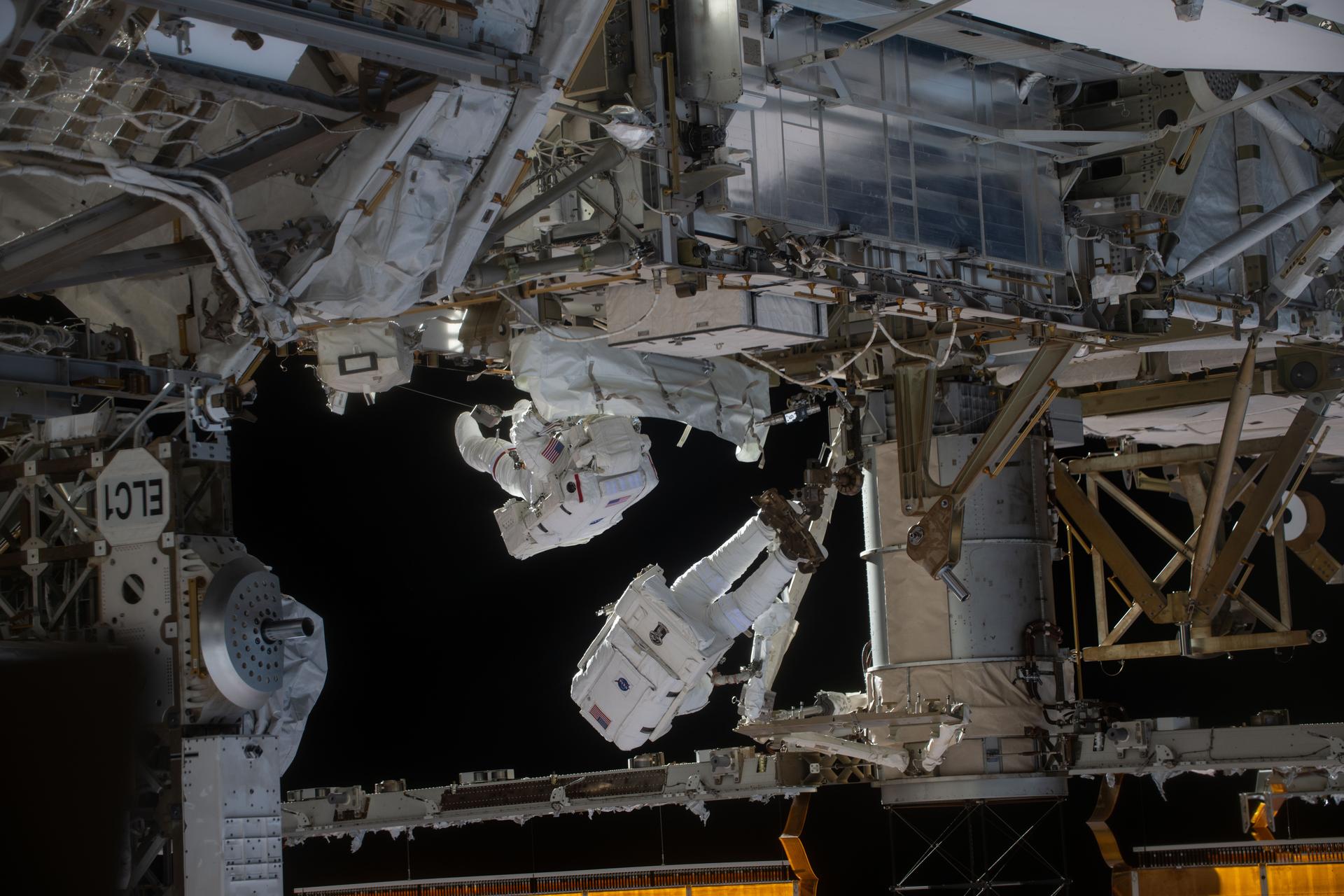 NASA astronauts Jessica Meir and Chris Williams are pictured outside the International Space Station during a seven-hour, two-minute spacewalk on March 18, 2026.