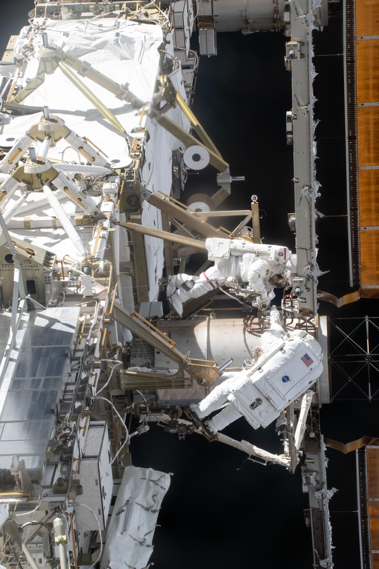 NASA astronauts Jessica Meir and Chris Williams, both Expedition 74 flight engineers, are pictured outside the International Space Station during a spacewalk to complete installation of a modification kit ahead of future solar array installation on the 2A power channel of the orbital outpost. It was William’s first spacewalk, Meir's fourth, and the 278th in support of space station maintenance, upgrades, and assembly.