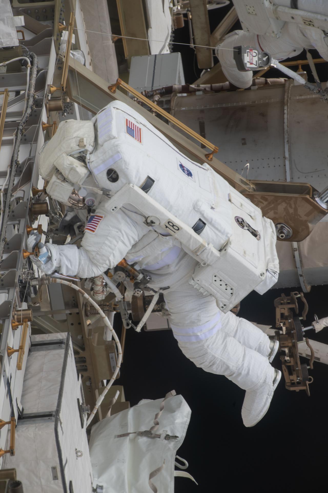 NASA astronaut and Expedition 74 flight engineer Chris Williams is pictured outside the International Space Station during a spacewalk to complete installation of a modification kit ahead of future solar array installation on the 2A power channel of the orbital outpost. It was William’s first spacewalk of his career, and the 278th in support of space station maintenance, upgrades, and assembly.