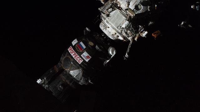 NASA image: The Progress 94 cargo spacecraft is pictured docked to the International Space Station's Poisk module