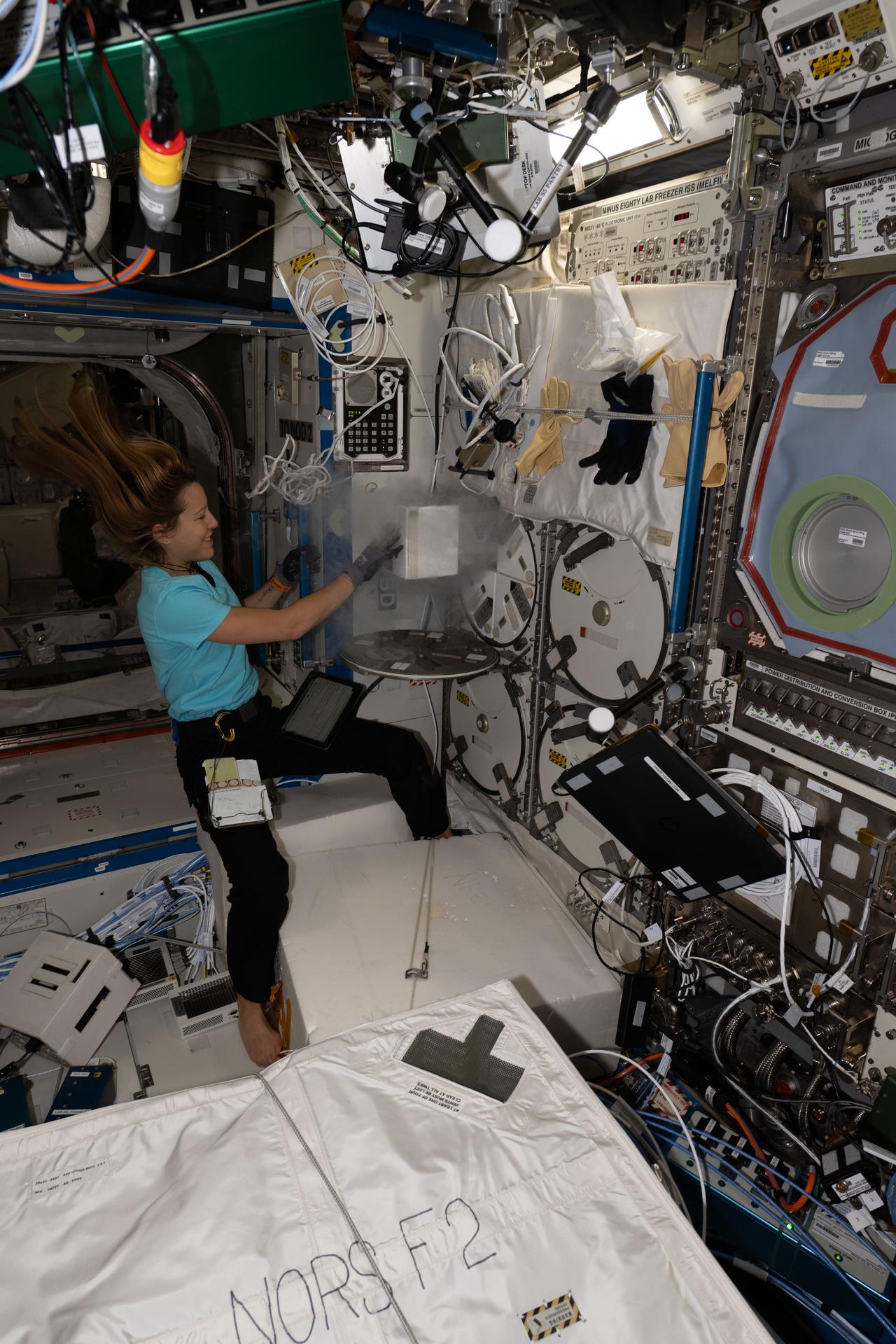 ESA astronaut Sophie Adenot inserts biological research samples into a science freezer