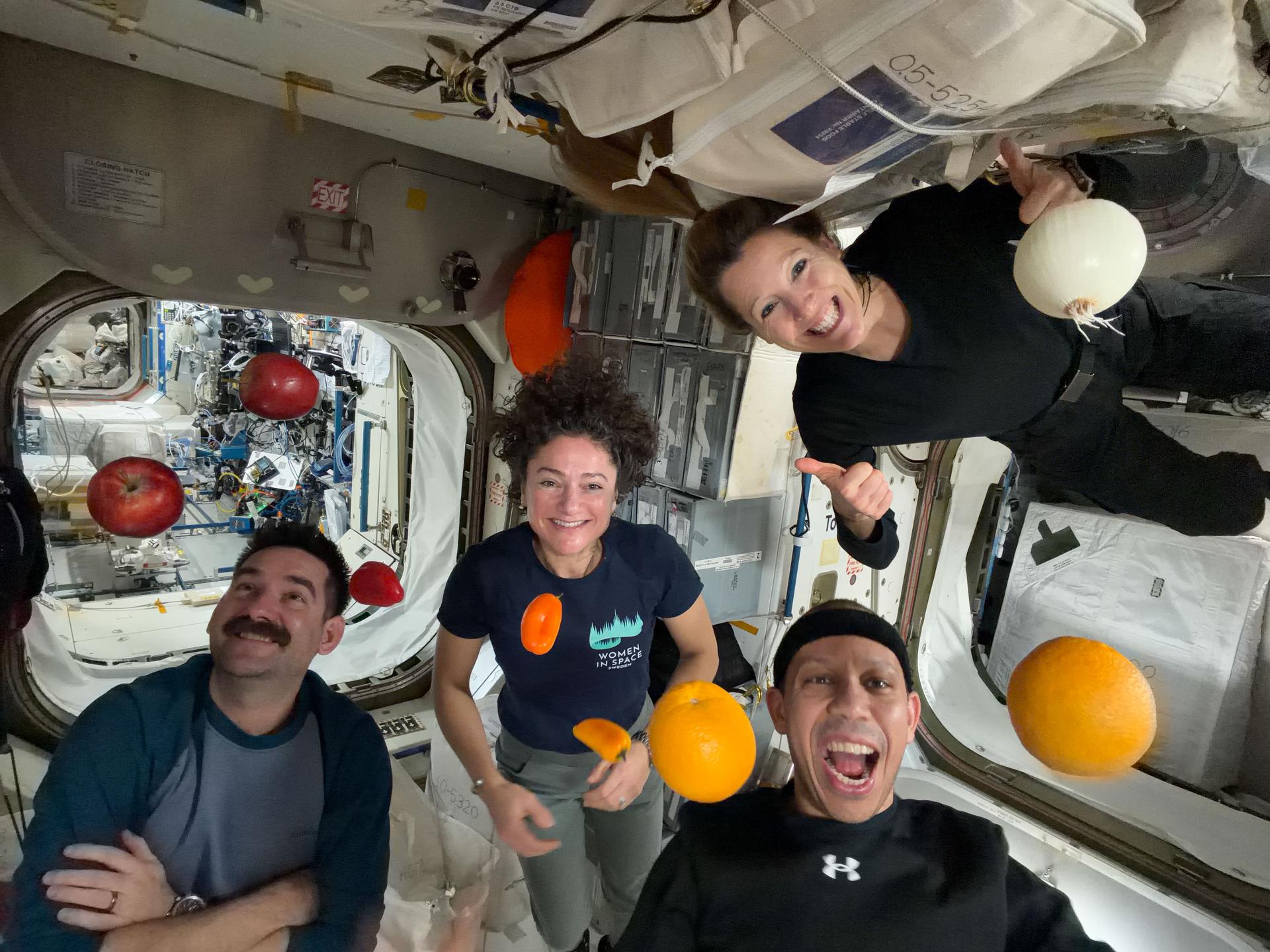 Expedition 74 crew members smile as fresh produce floats around them aboard the International Space Station. From left are NASA astronauts Jack Hathaway, Jessica Meir, and Chris Williams, with ESA (European Space Agency) astronaut Sophie Adenot at upper right. Fresh tomatoes, oranges, peppers, and a white onion float around the crew.