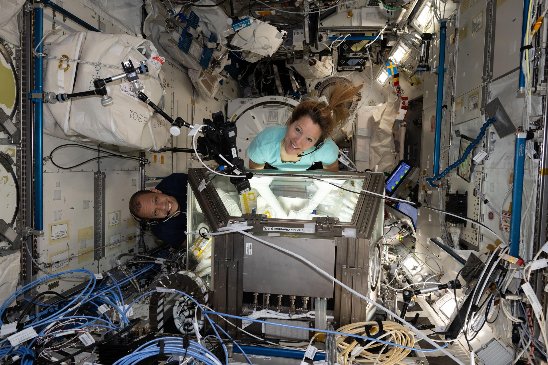 Expedition 74 flight engineers Chris Williams of NASA and Sophie Adenot of the European Space Agency work together in the Kibo laboratory module’s Life Science Glovebox, processing genetic-material samples for the DNA Nano Therapeutics‑3 experiment. The investigation is exploring DNA‑inspired assembly techniques as a way to manufacture treatments—such as chemotherapy and immunotherapy—that can kill cancer cells and activate the immune system.