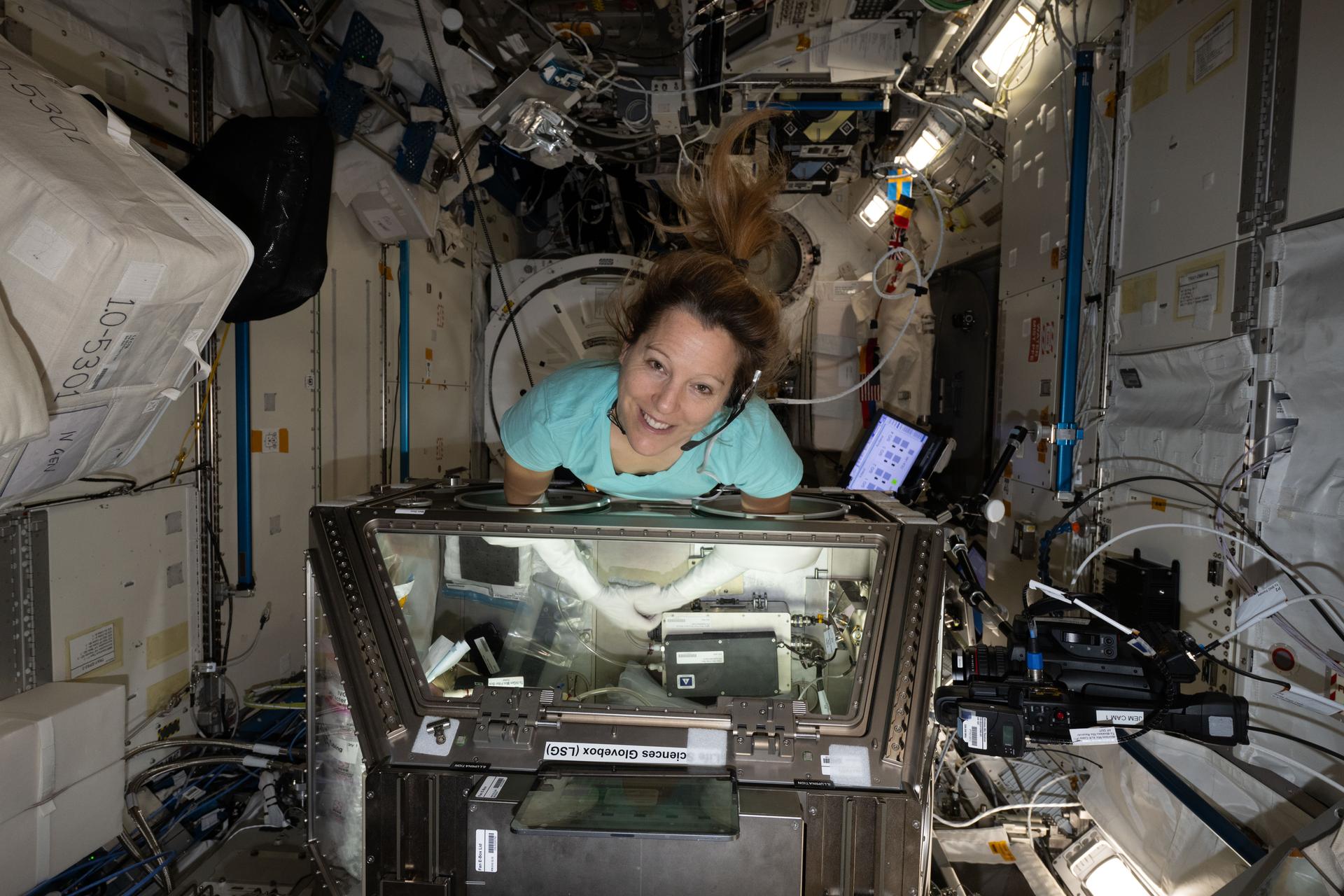 A top-down view of ESA (European Space Agency) astronaut and Expedition 74 flight engineer Sophie Adenot, who works inside the Kibo laboratory module's Life Science Glovebox on the Intravenous Fluid Generation – Mini (IVGen Mini) technology demonstration. Adenot was exploring ways to use the International Space Station’s potable water to produce medical-grade intravenous fluids, or saline solutions, to treat medical conditions in space. IVGen Mini seeks to reduce a crew’s dependence on cargo missions and avoid expiration of medical supplies on a spacecraft.