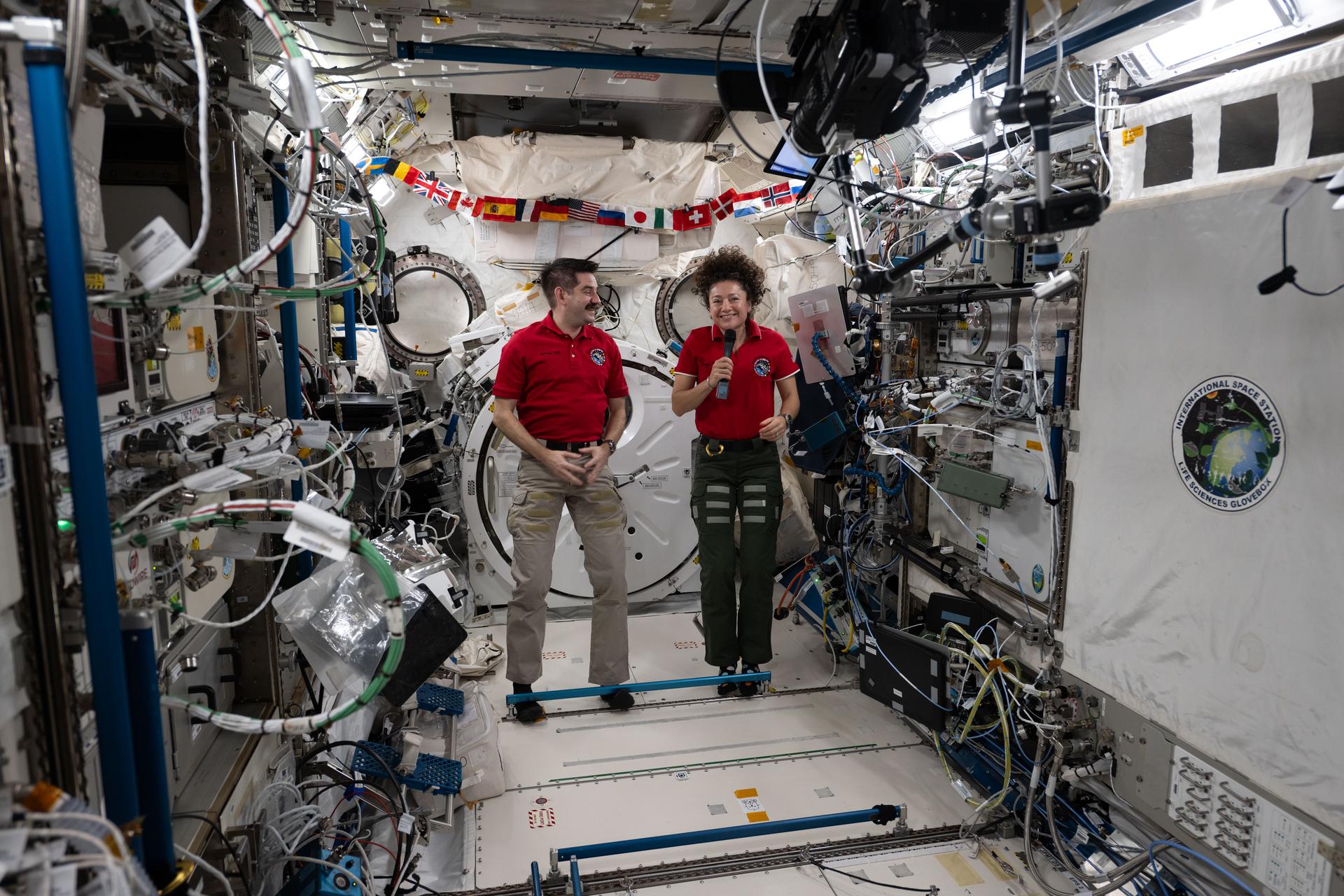 NASA astronauts Jack Hathaway and Jessica Meir, both Expedition 74 flight engineers, answer questions inside the International Space Station’s Kibo laboratory module during a live downlink event with Connecticut Public Radio. Hathaway is a native of South Windsor, Connecticut, while Meir is from Caribou, Maine.