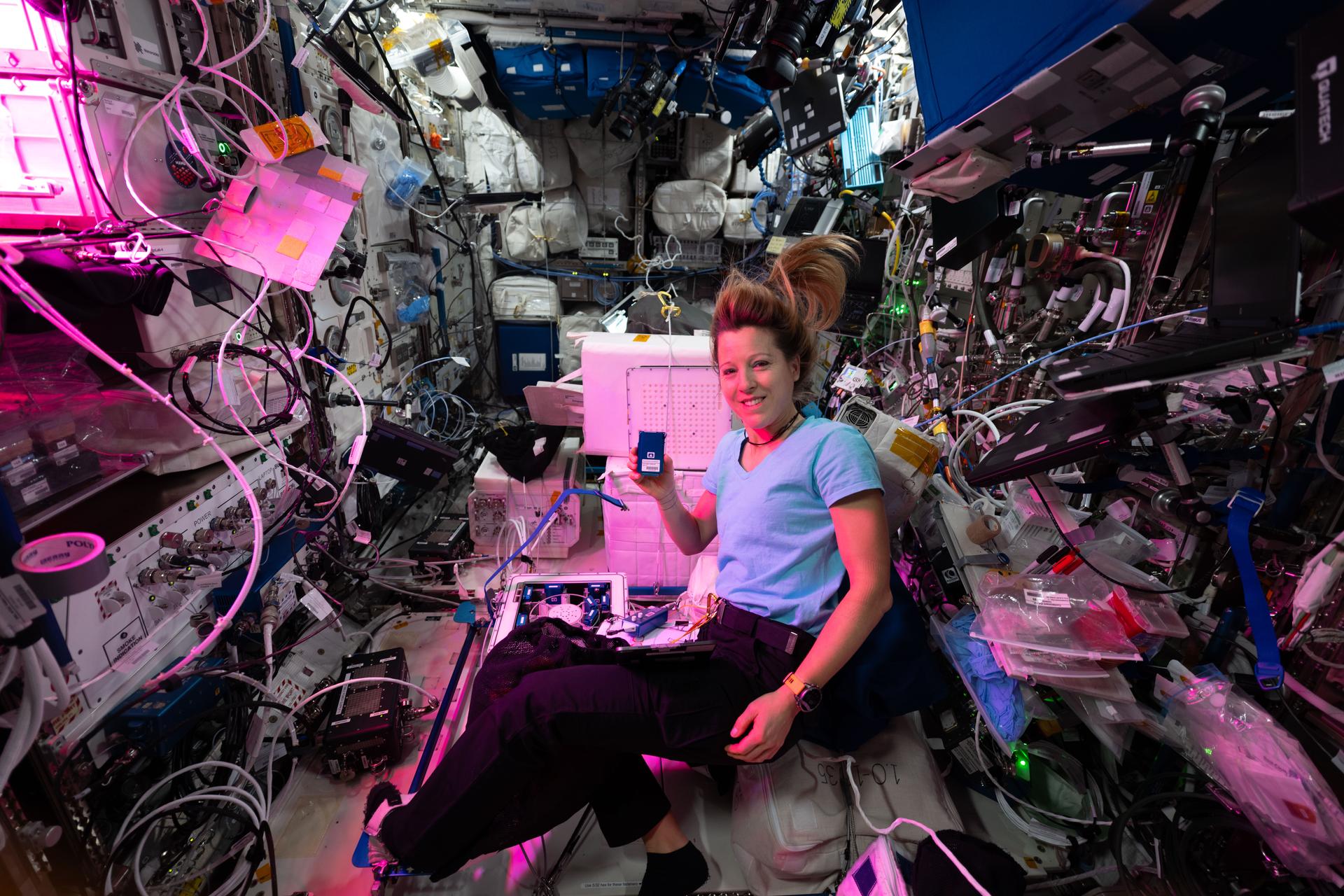 ESA (European Space Agency) astronaut and Expedition 74 flight engineer Sophie Adenot shows off new scientific hardware recently delivered to the International Space Station aboard a SpaceX Dragon cargo spacecraft. The new research equipment aims to grow human bone cells on a specially treated rattan‑wood scaffold to simulate osteoporosis in microgravity. Insights from the investigation may lead to advanced treatments for osteoporosis and improved bone‑healing therapies for patients.