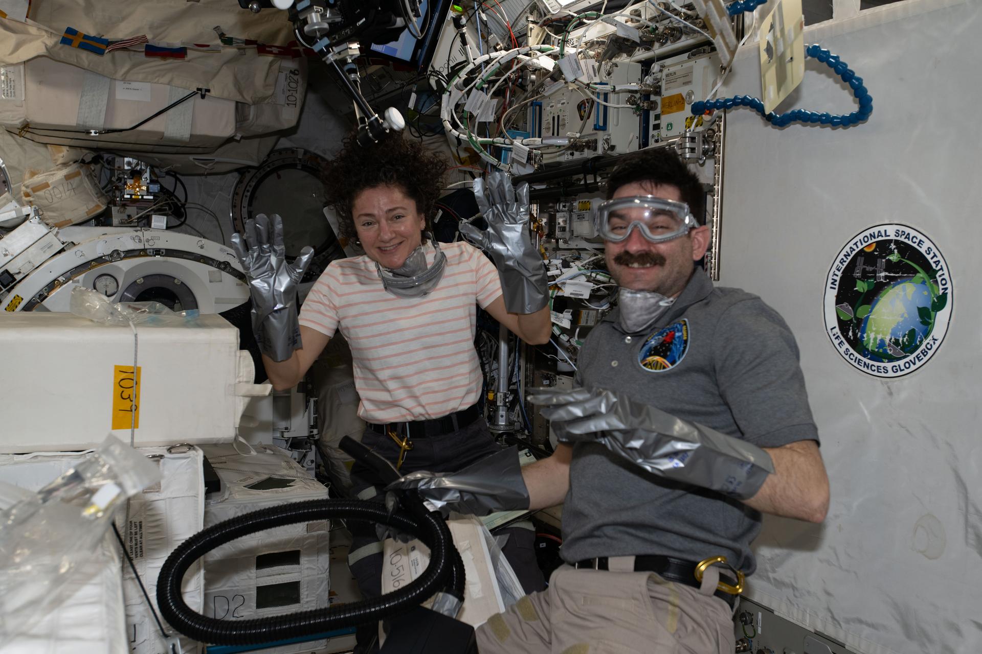NASA astronauts Jessica Meir and Jack Hathaway, both Expedition 74 flight engineers, wear disposable gloves, dust masks, and safety goggles while unpacking temperature‑controlled scientific samples from a SpaceX Dragon cargo spacecraft and stowing them inside research facilities located aboard the International Space Station’s Kibo laboratory module.