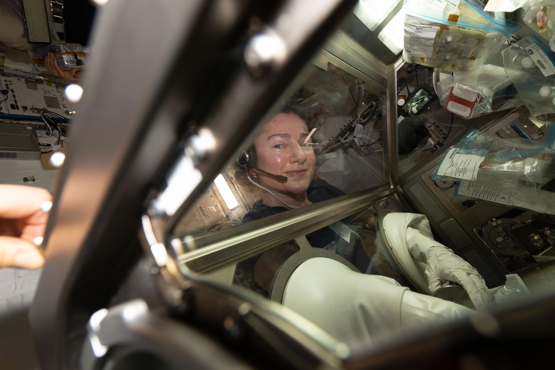 NASA astronaut and Expedition 74 flight engineer Jessica Meir works inside the Kibo laboratory module’s Life Science Glovebox aboard the International Space Station. Meir was preparing blood platelet samples for incubation and growth to observe how weightlessness affects a crew member’s blood clotting and immune function at the cellular and genetic levels.