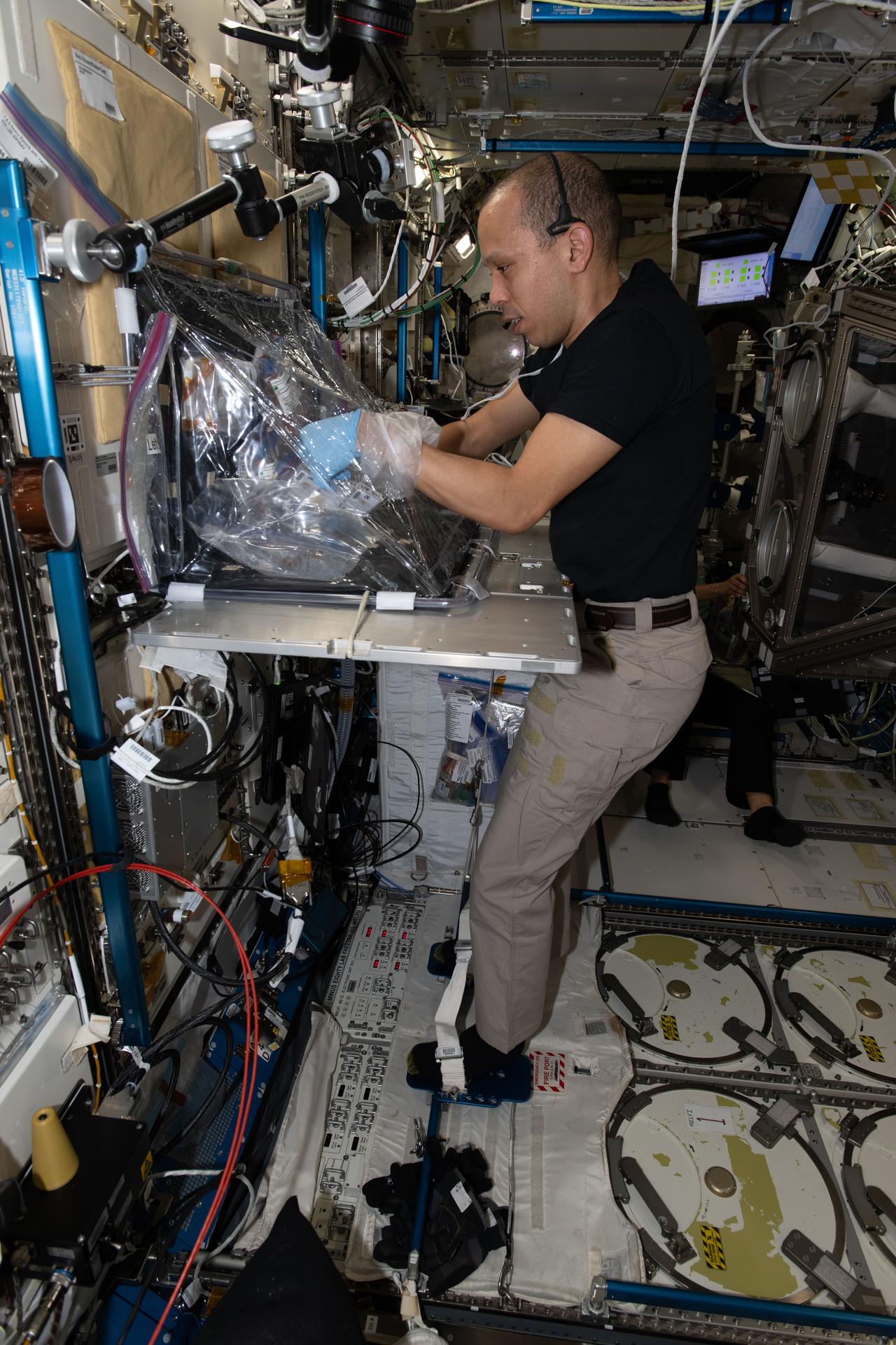 NASA astronaut and Expedition 74 flight engineer Chris Williams works inside the International Space Station’s Kibo laboratory module on the Space Cancer Therapeutics investigation. Williams was processing samples to study how microgravity affects an anti‑cancer drug and the drug’s molecular behavior, research that may help develop more effective treatments for pancreatic cancer both on Earth and in space.