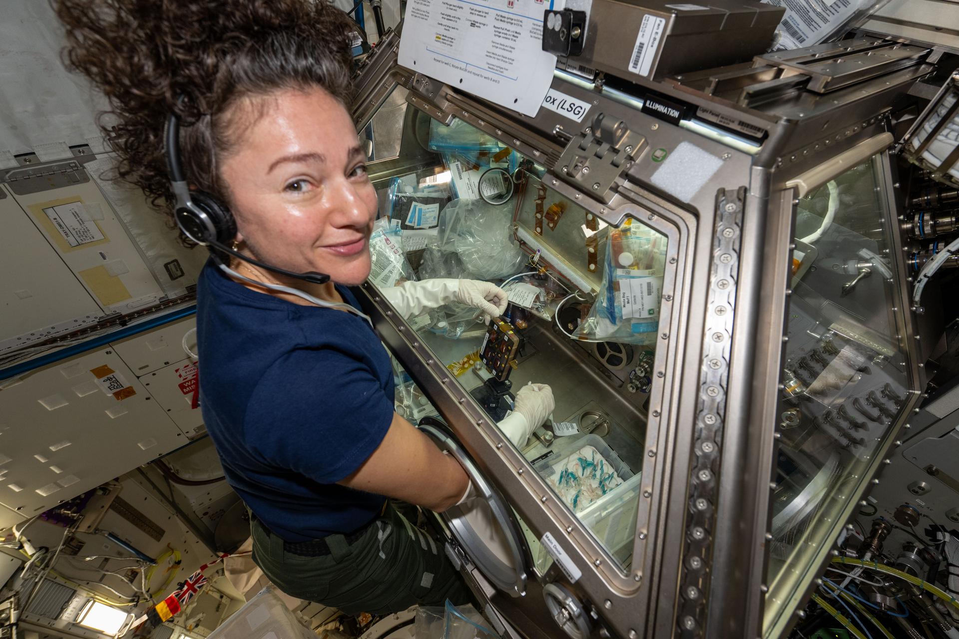 ASA astronaut and Expedition 74 flight engineer Jessica Meir processes stem cell samples inside the Life Science Glovebox aboard the International Space Station’s Kibo laboratory module. Meir nourished the stem cells being incubated to learn how to manufacture space-designed therapies to treat cancer and blood conditions.