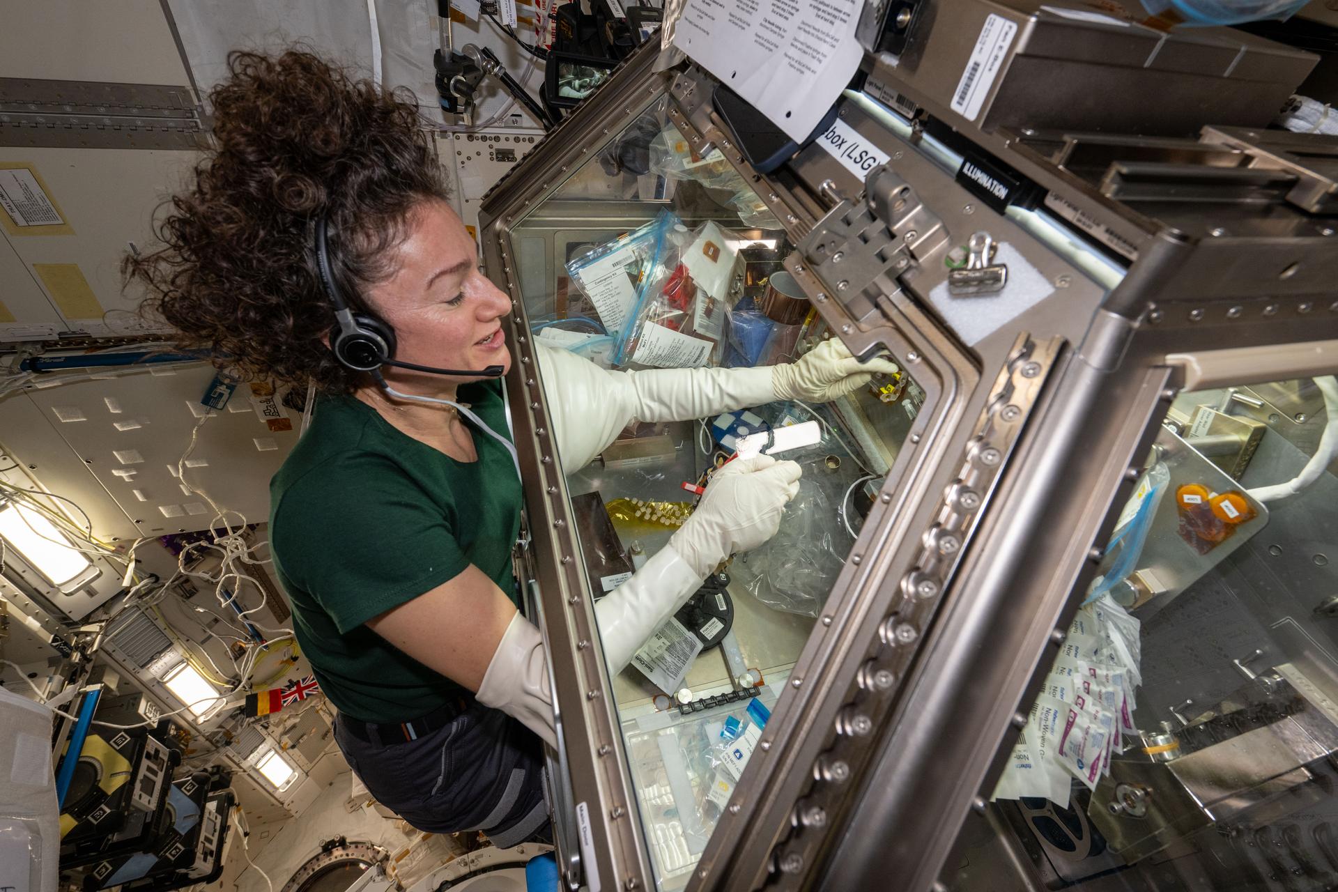 NASA astronaut and Expedition 74 flight engineer Jessica Meir processes blood platelet samples inside the Kibo laboratory module’s Life Science Glovebox aboard the International Space Station. Doctors are studying how microgravity alters blood platelets, cell fragments that form clots and prevent bleeding, to protect human health on and off the Earth.