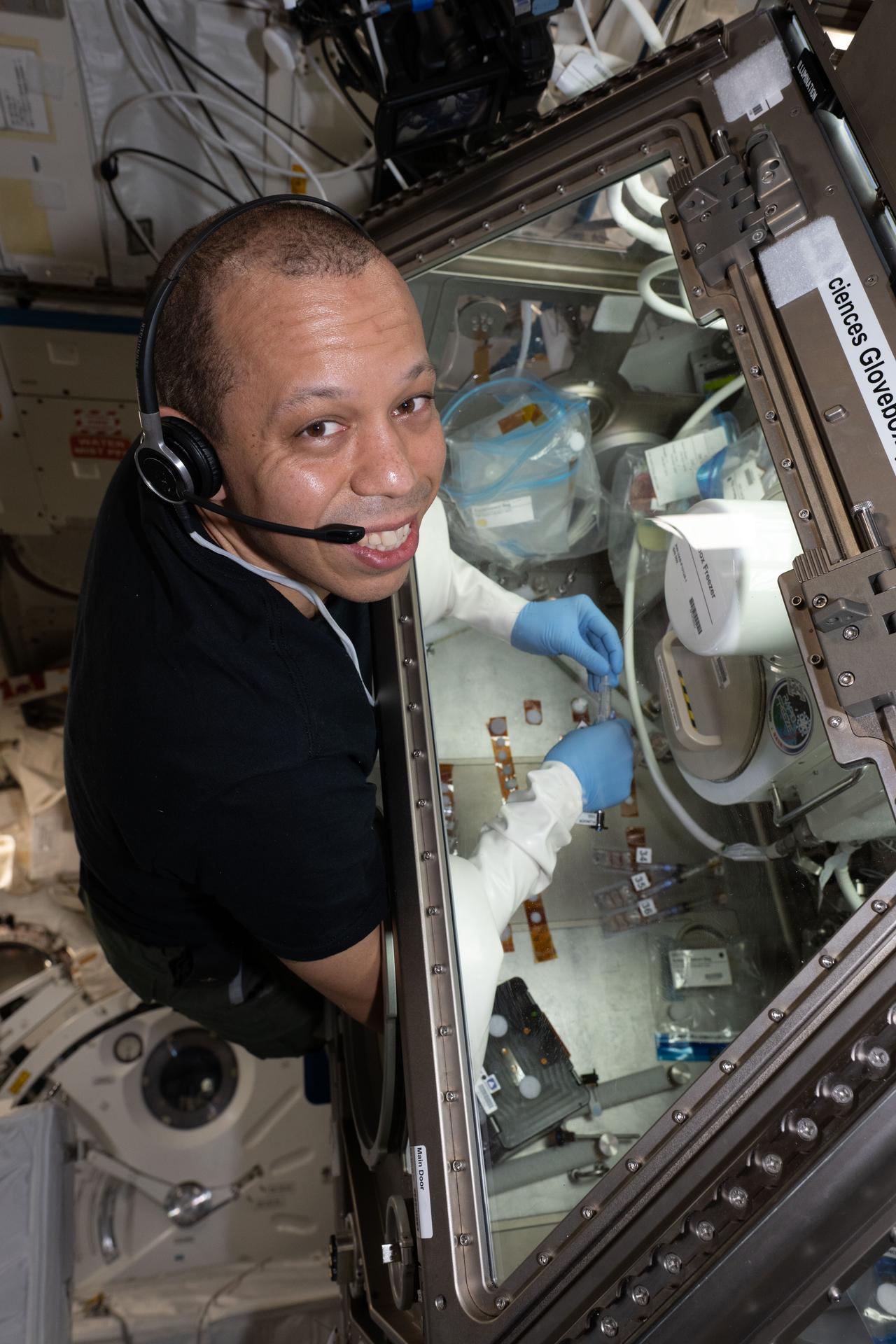 NASA astronaut and Expedition 74 flight engineer Chris Williams conducts research operations inside the Kibo laboratory module’s Life Science Glovebox for the Odyssey biotechnology investigation. The microbiology study compares bacteria samples grown onboard the International Space Station to similar samples living in simulated microgravity chambers on Earth to learn how microbes respond to space-like conditions. Insights may lead to new ways of protecting humans and equipment exposed to harsh conditions on and off Earth.