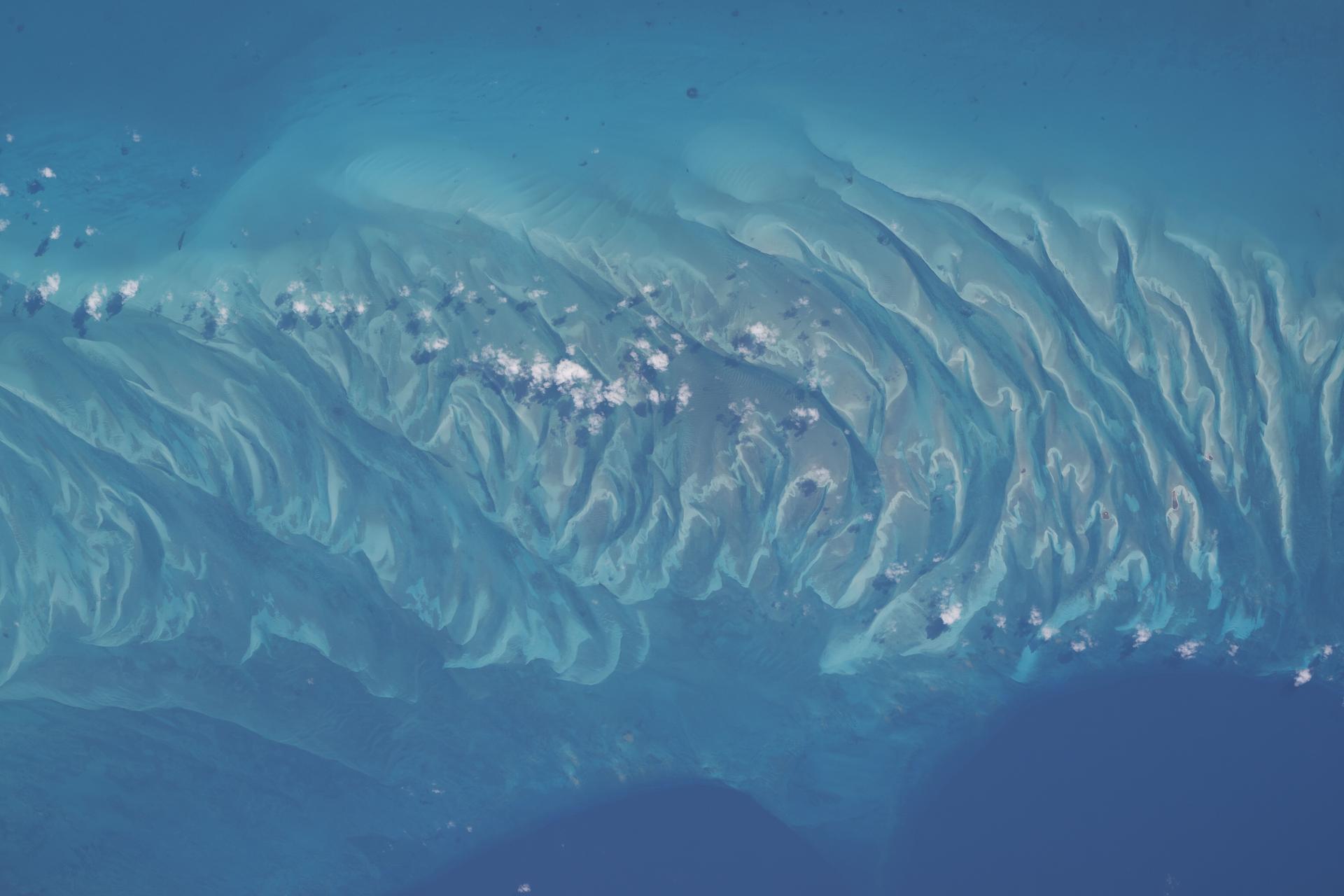 Sandbars and submerged dunes, shaped by currents and waves in the clear blue waters, ripple across the seafloor off the coast of the island of Eleuthera in the Bahamas. The International Space Station was orbiting 263 miles above the Atlantic Ocean at the time this photograph was taken.