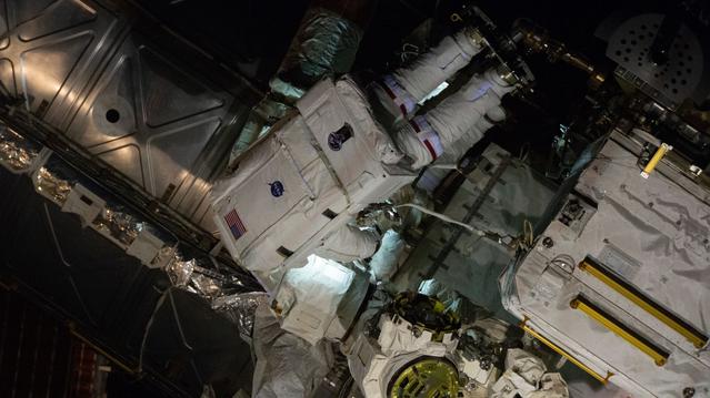 NASA astronaut Chris Williams works outside the International Space Station during a spacewalk