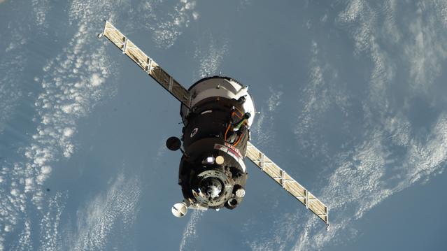 The Soyuz MS-29 spacecraft approaches the International Space Station for an automated docking